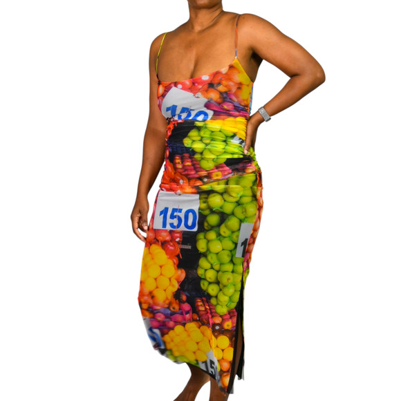 Zara Fruit Market Dress Black Multi Photorealistic Print Slip Midi Column Small - Picture 10 of 14